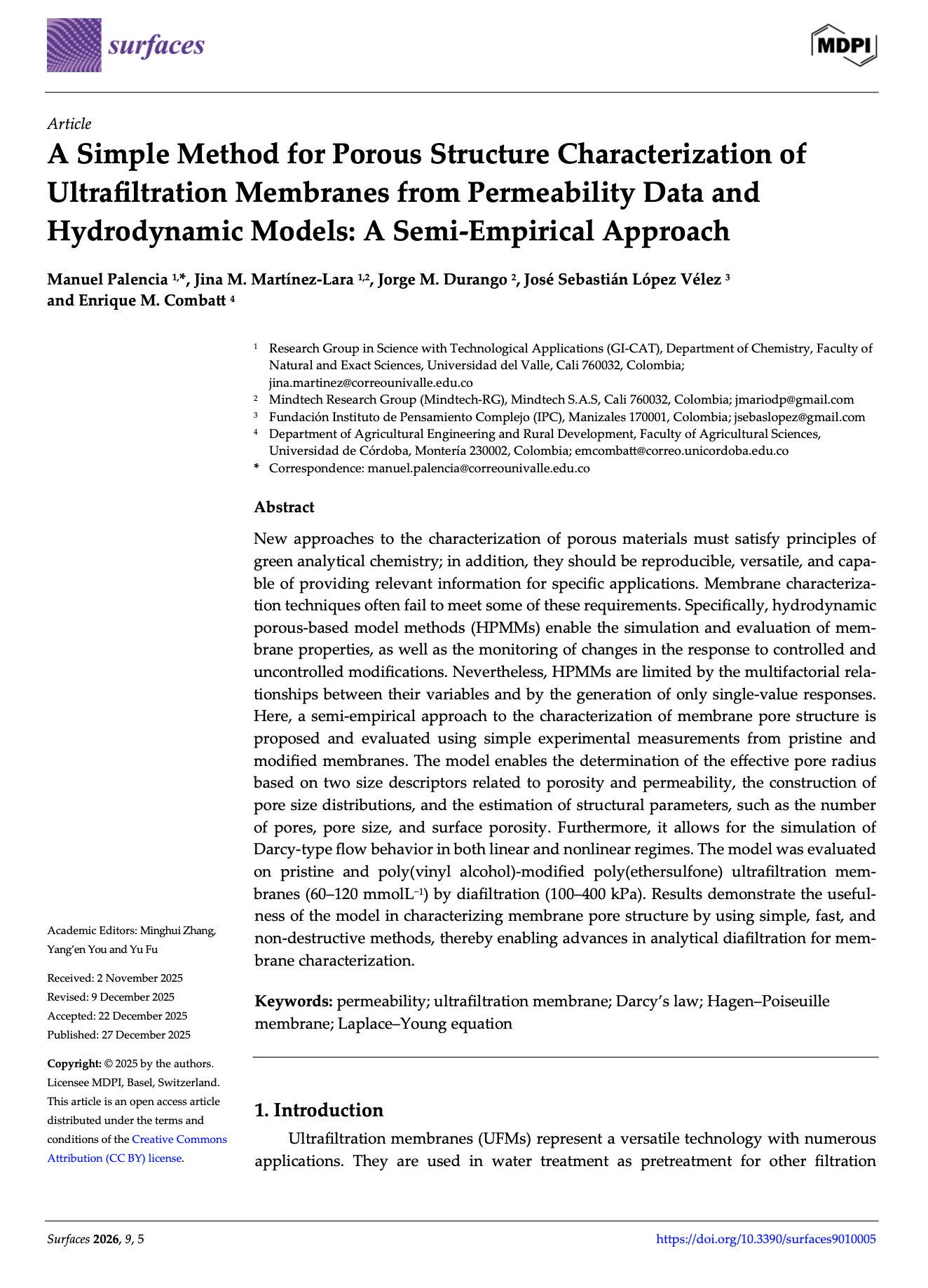 A Simple Method for Porous Structure Characterization of Ultrafiltration Membranes from Permeability Data and Hydrodynamic Models: A Semi-Empirical Approach