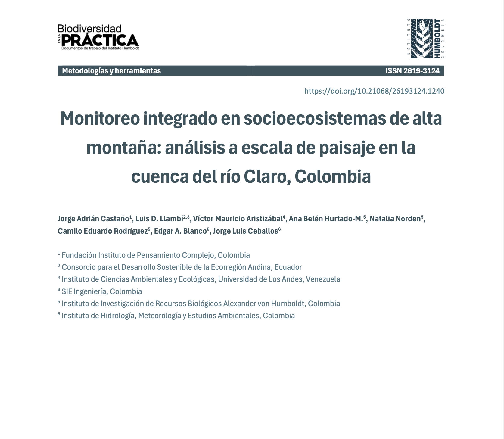 Monitoreo integrado en socioecosistemas de alta montaña: análisis a escala de paisaje en la cuenca del río Claro, Colombia