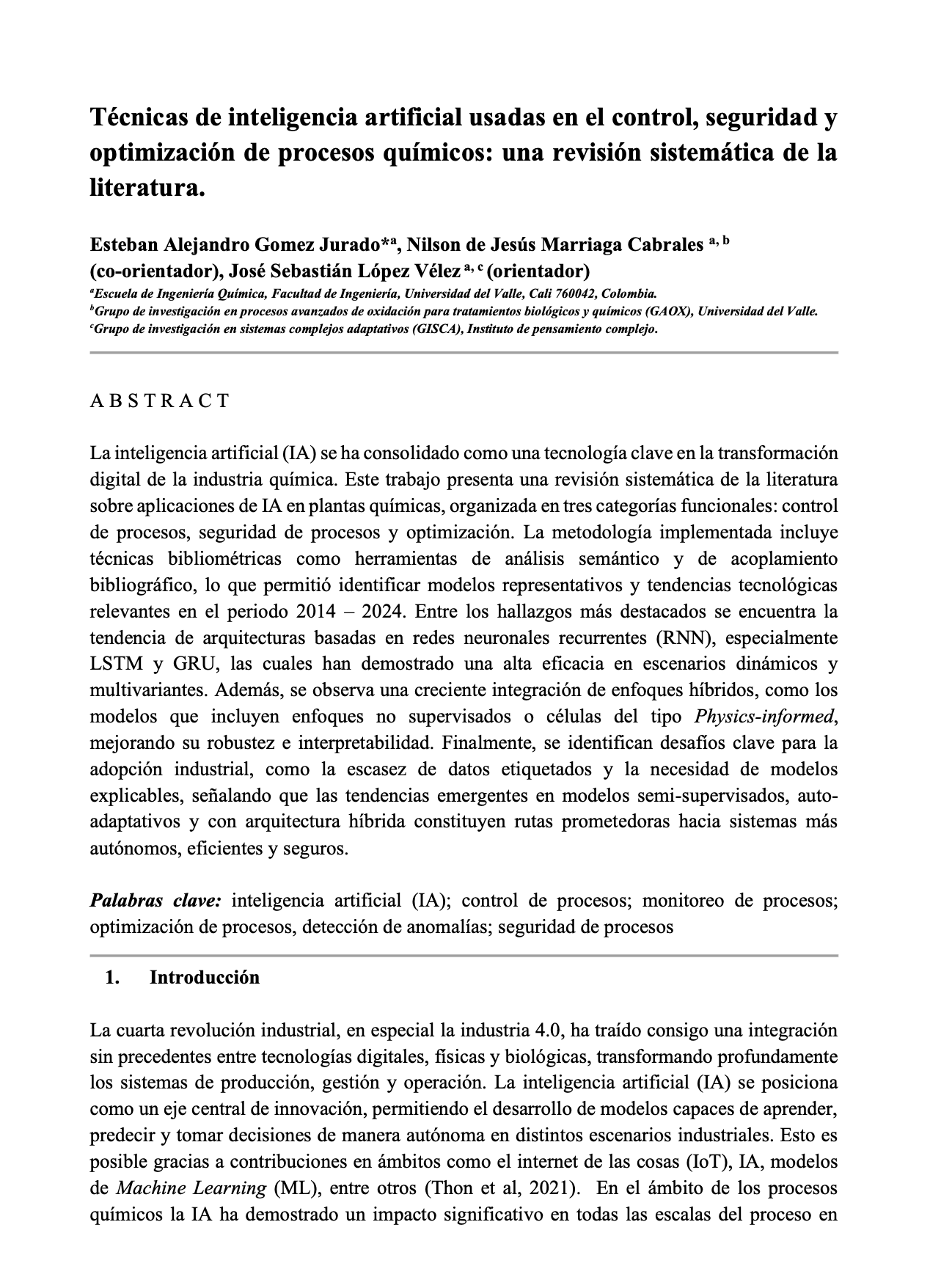 Técnicas de inteligencia artificial usadas en el control, seguridad y optimización de procesos químicos : una revisión sistemática de la literatura